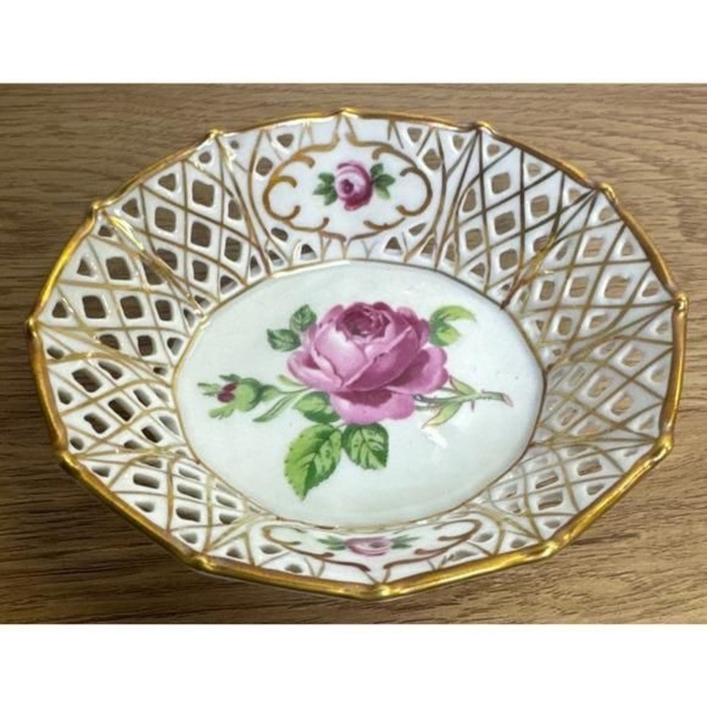 Schumann Arzberg Reticulated Rose Nut Dish Germany White Pink Gold 4.75"
